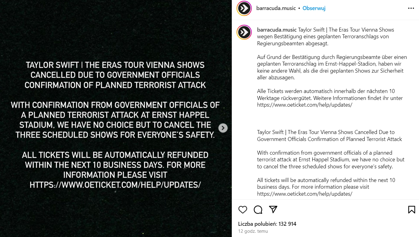 Wszystkie koncerty Taylor Swift odwołane z powodu podejrzenia ataku terrorystycznego