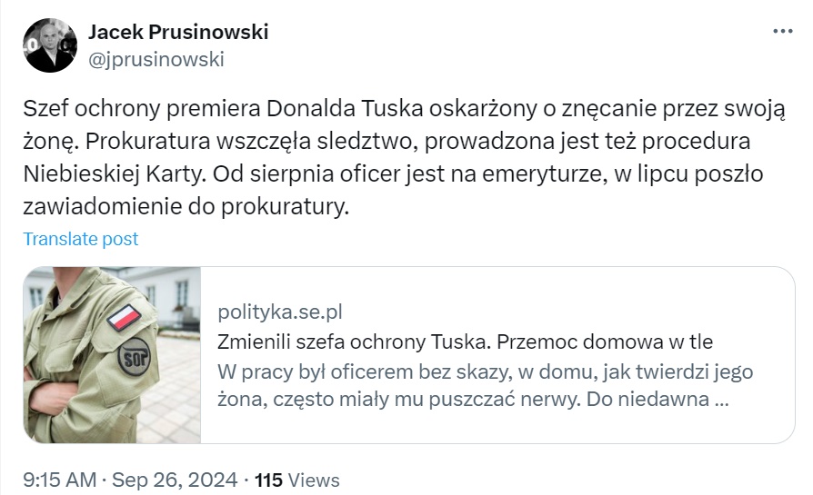 Były szef ochrony premiera oskarżony o przemoc. Ofiarą ma być jego żona