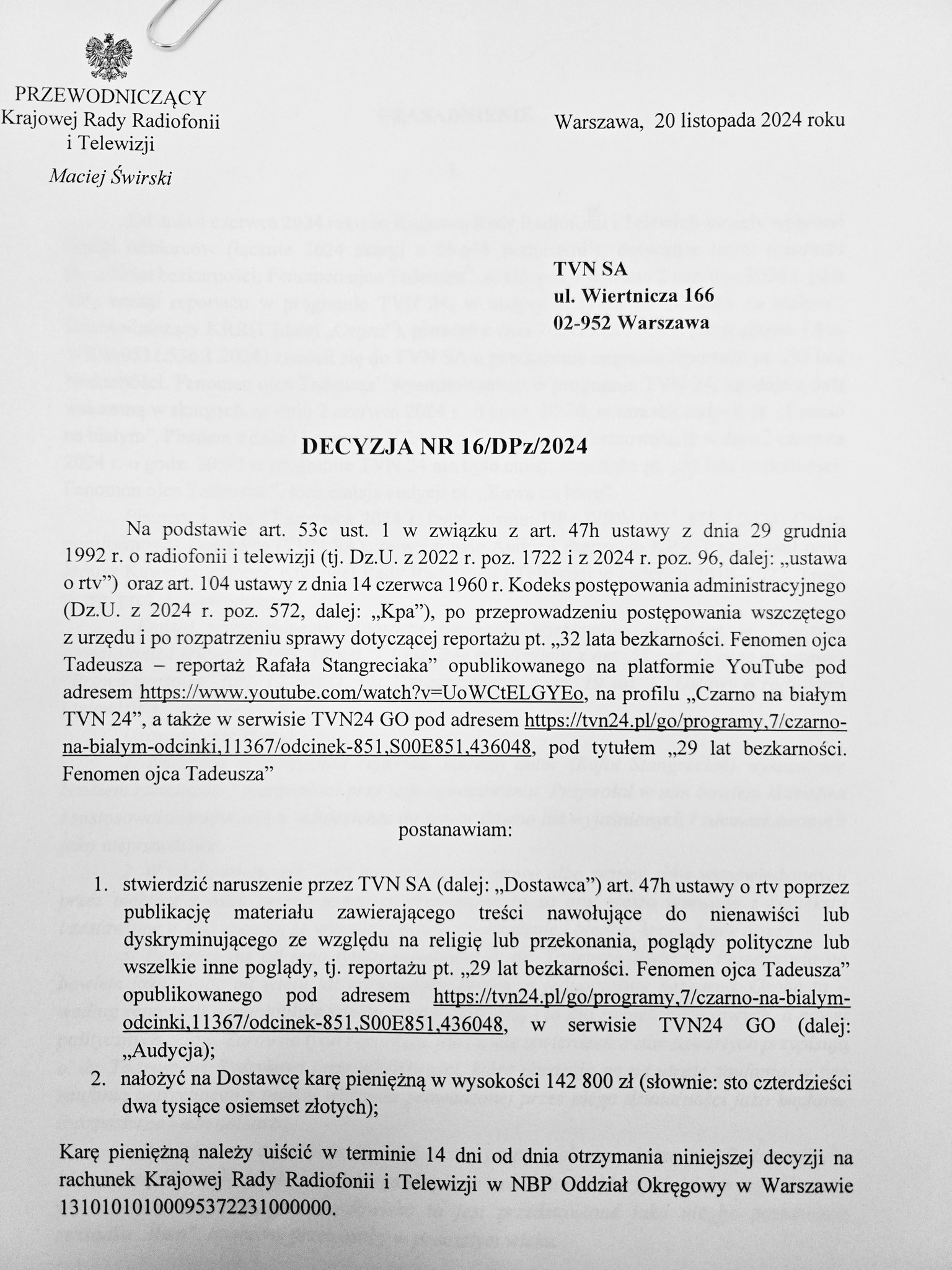 Świrski ukarał TVN za reportaż o Rydzyku. Zarzucił dyskryminację wobec wierzących