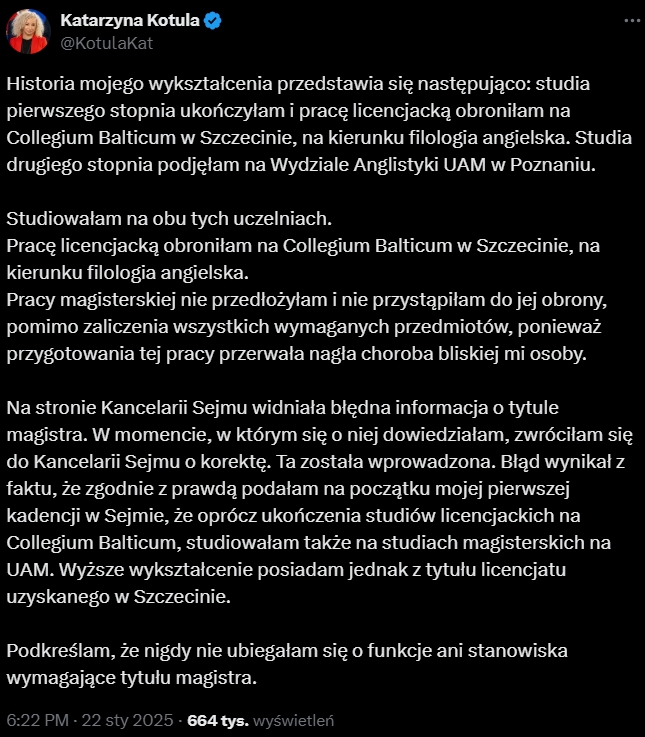 Fikcyjne stopień magisterski Kotuli. Dlaczego jej tłumaczenie jest niewiarygodne