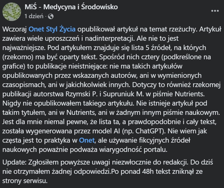 Fikcyjne publikacje naukowe w tekście Onetu. Miało je wygenerować AI