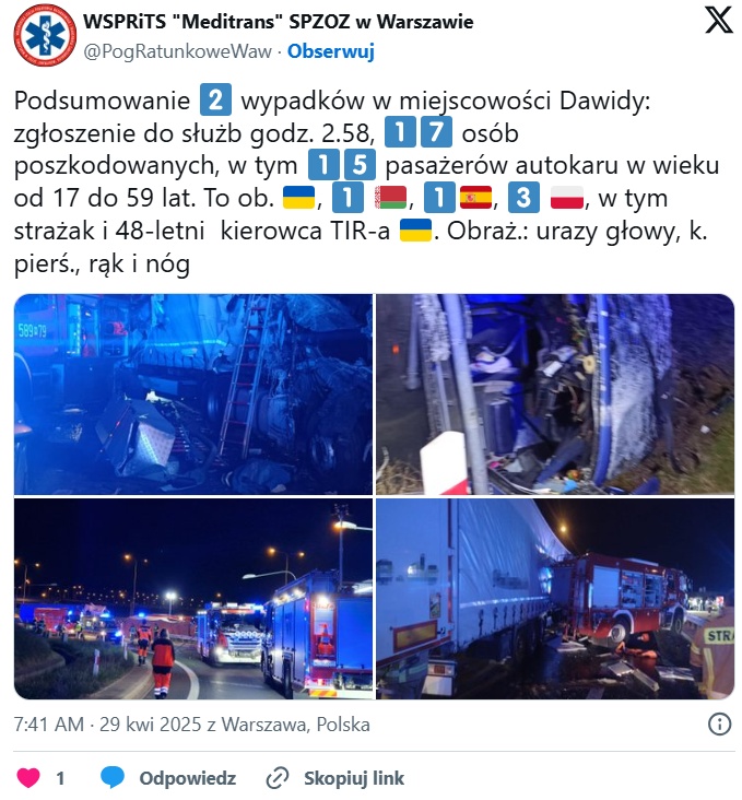 Dwa wypadki pod Warszawą. Ucierpiało 17 osób