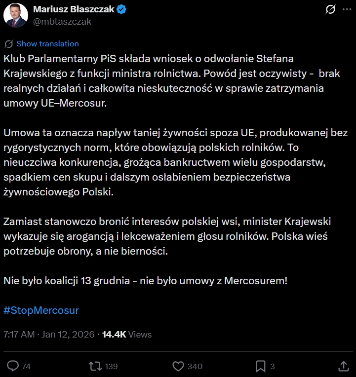 PiS chce dymisji Krajewskiego. W tle umowa z państwami Mercosur