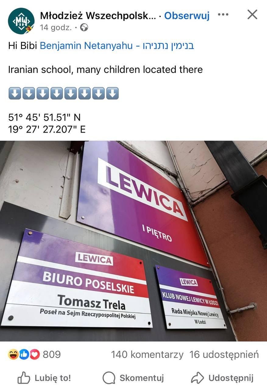 Niesmaczny żart Młodzieży Wszechpolskiej. Biuro Treli oznaczyła jako „irańską szkołę”