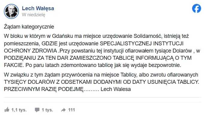 Lech Wałęsa chce zwrotu wielu tys. złotych. Poszło o tabliczkę pewnej instytucji